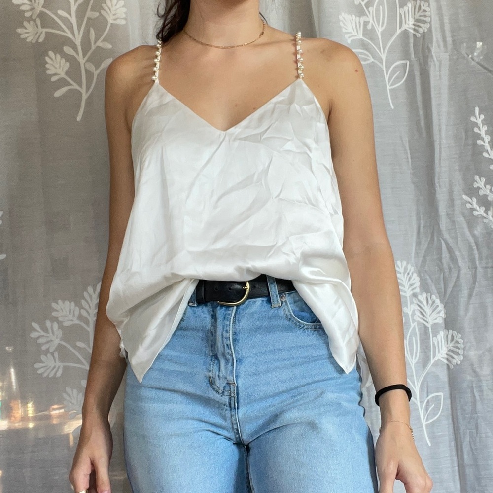 White satin cami with pearl/gold straps